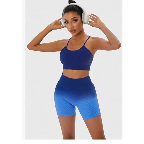 2 Workout Outfits Sets 4 piece Seamless Backless Tank Sport Bra High Waist SMALL - Picture 4 of 5